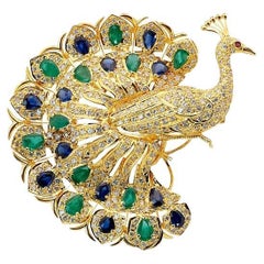 18k Yellow Gold Peacock Brooch 7.45 Carat Natural Gemstones & Diamonds IGI Cert