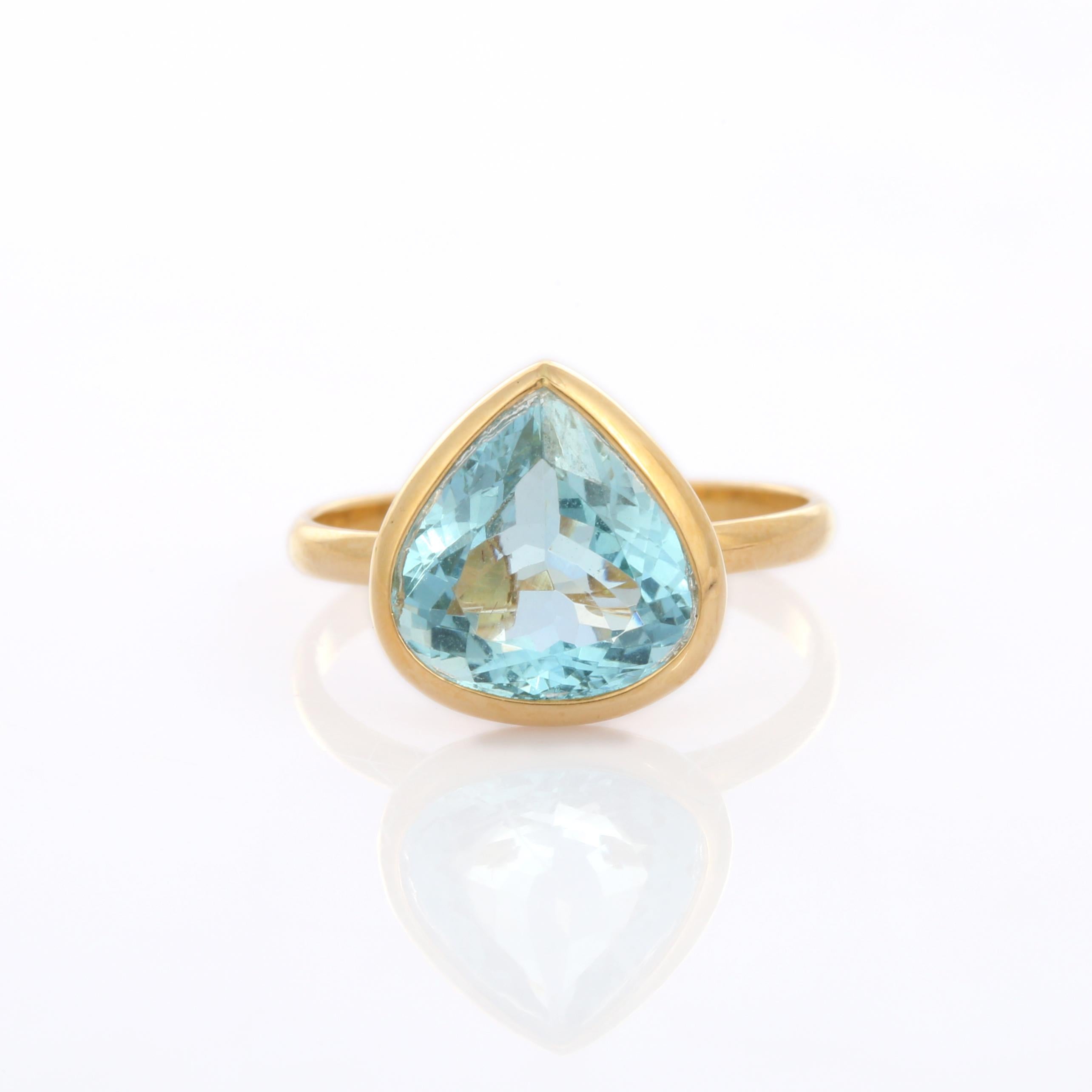 For Sale:  18K Yellow Gold Pear Cut Aquamarine Solitaire Ring 11