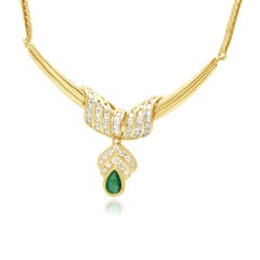 18K Yellow Gold Pear Cut Emerald and Round Diamond Wrap Centerpiece Necklace