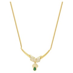 18K Yellow Gold Pear Cut Emerald and Round Diamond Wrap Centerpiece Necklace