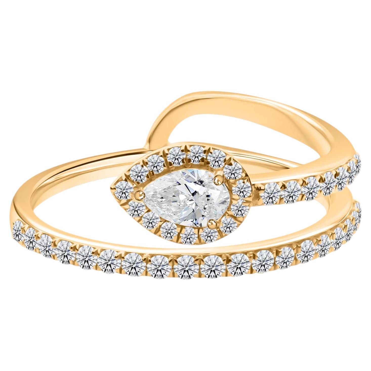 18K Yellow Gold Pear Diamond Bypass Ring 0.49 Ct SI Natural Halo Statement Ring
