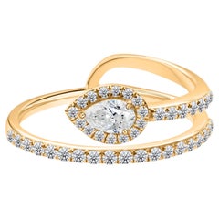 18K Yellow Gold Pear Diamond Bypass Ring 0.49 Ct SI Natural Halo Statement Ring