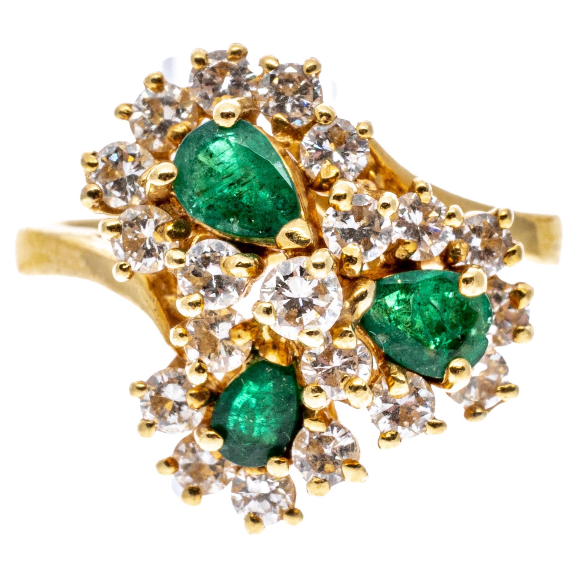 18k Yellow Gold, Pear Emerald and Brilliant Diamond Cluster Ring For Sale