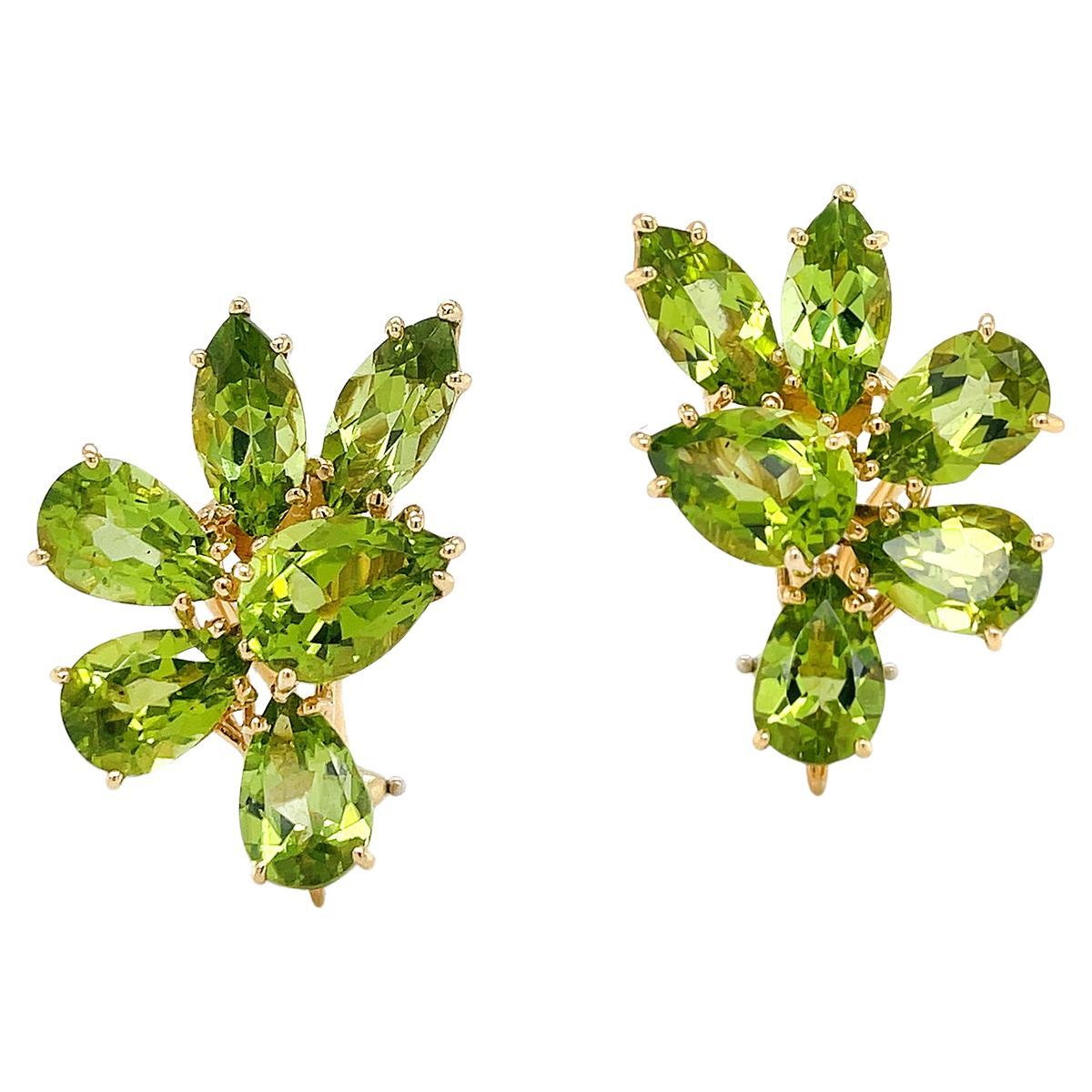 18K Yellow Gold Pear Marquise Peridot Cluster Earrings