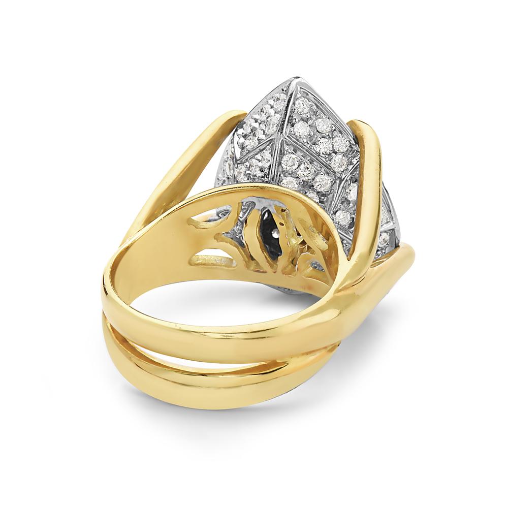 This high prong pear shape pave cocktail ring features 1.77 carats of G VS diamonds set in 18K yellow gold. 17 grams total weight. Made in Italy. Size 6.5. 

Can be resized upon request. 

Viewings available in our NYC showroom by appointment.