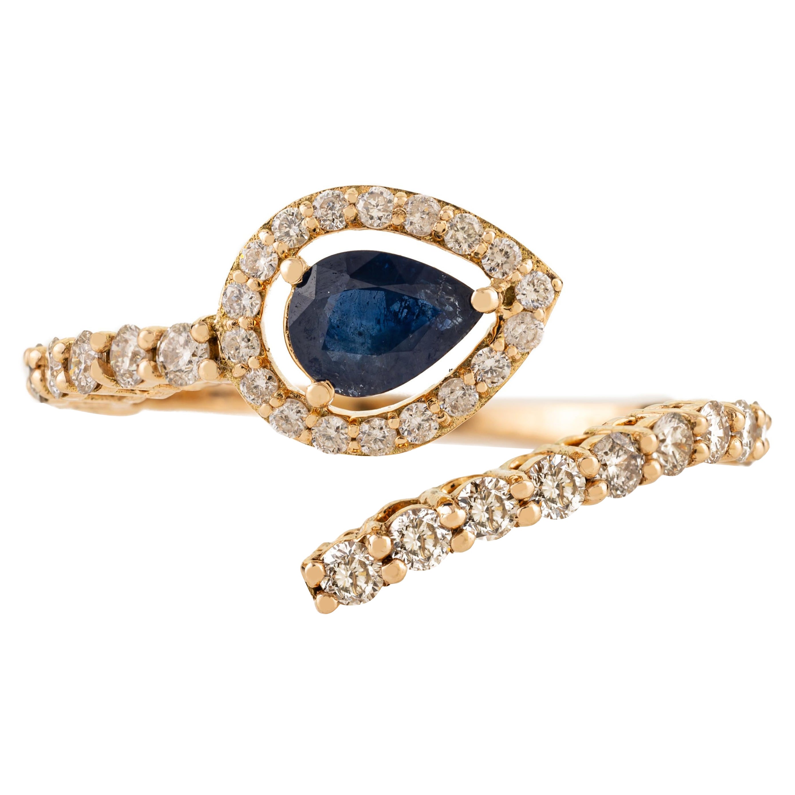 Im Angebot: 18K Gelbgold Birnenförmiger Blauer Saphir 
Diamant Bypass Ring Feiner Schmuck ()