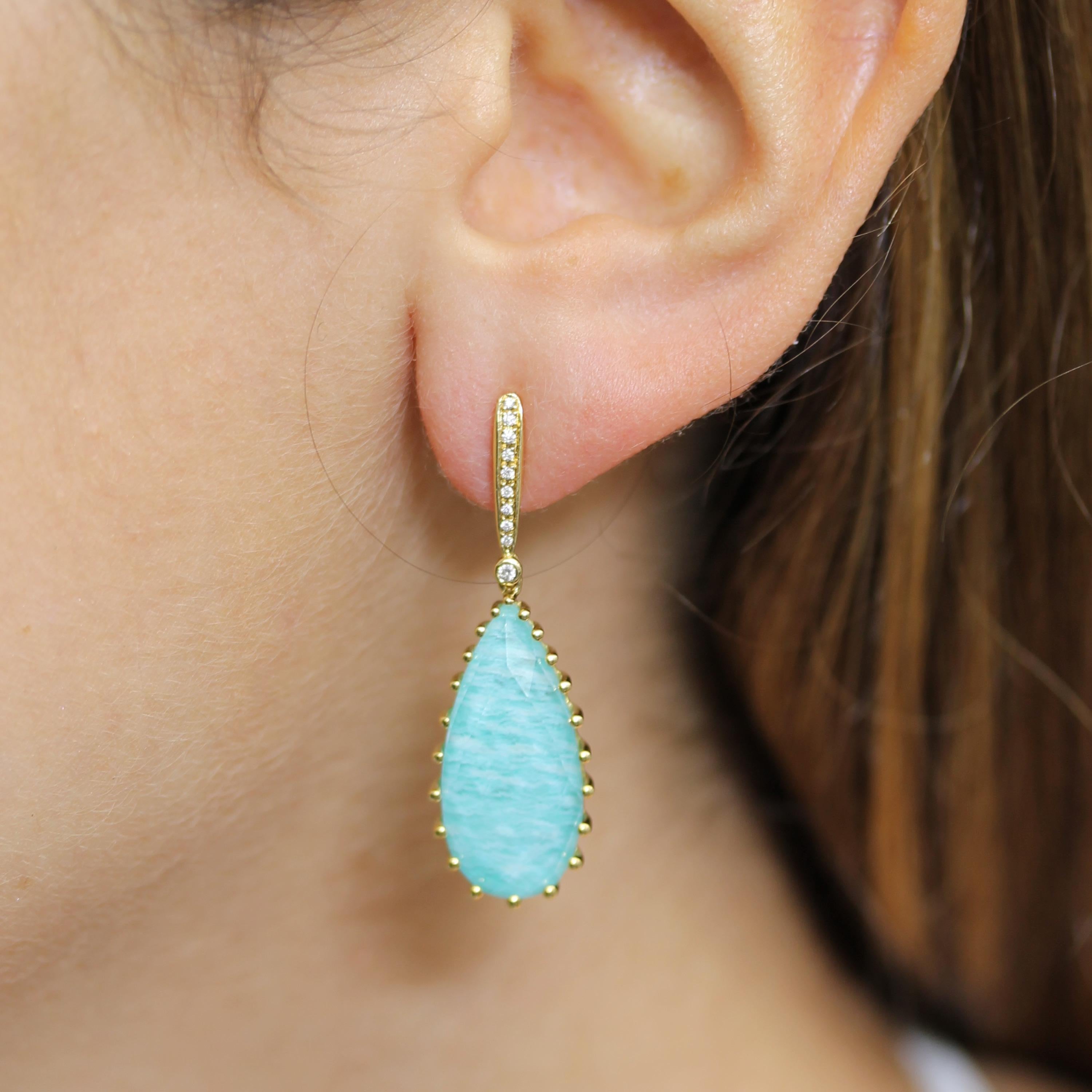 18K Yellow Gold Earrings featuring a doublet of Pear-shape, Checker-Cut White Quartz layered with Amazonite, prong-set, with Diamond Post & Pushback tops. Amazonite, known as 