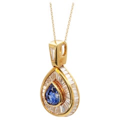 18K Yellow Gold Pear-Shaped Blue Sapphire and Baguette Diamond Pendant
