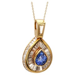 18K Yellow Gold Pear-Shaped Blue Sapphire and Baguette Diamond Pendant