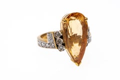 18k Yellow Gold Pear Shaped Peach Topaz and Diamond Ring