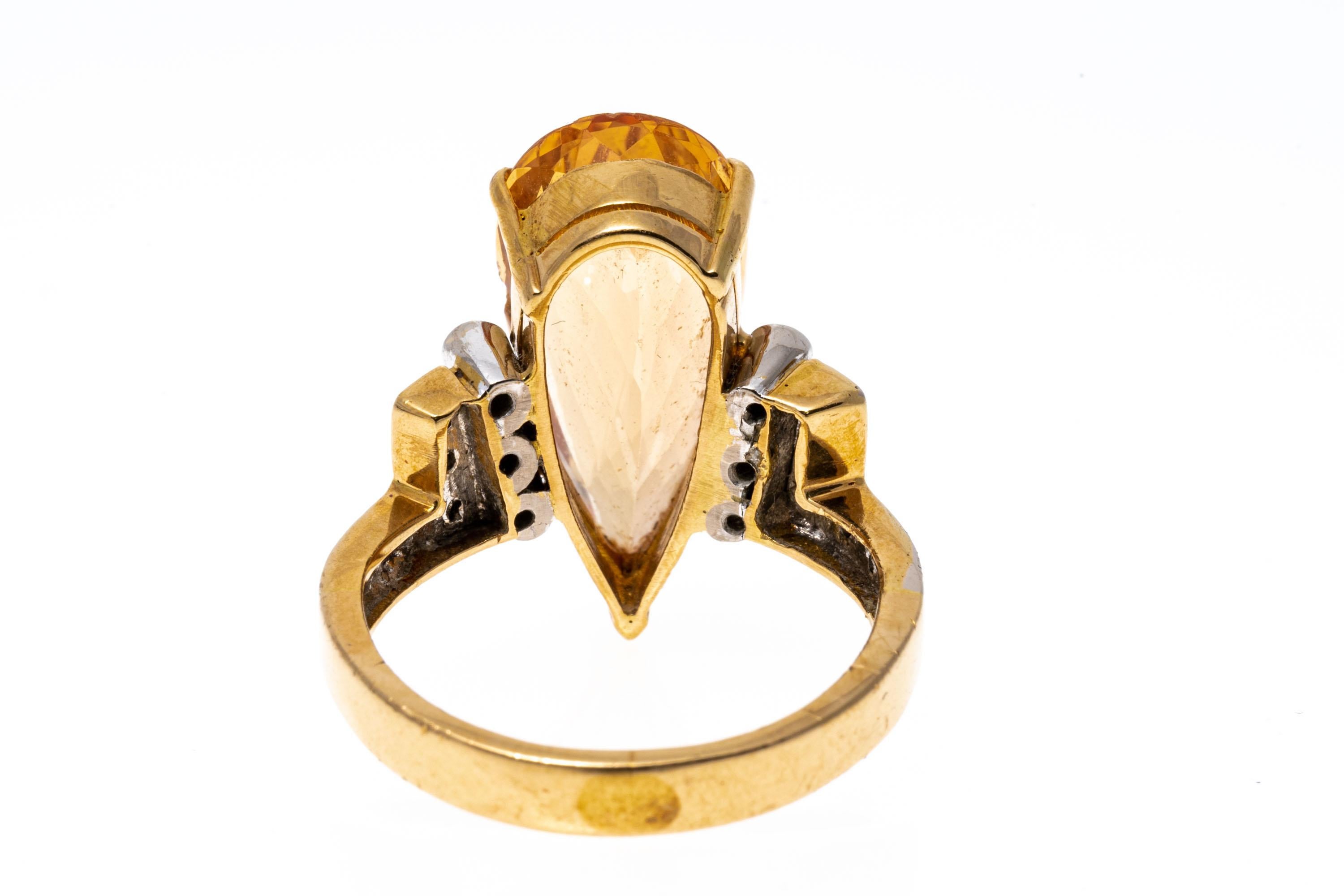 Contemporary 18k Yellow Gold Pear Shaped Peach Topaz and Diamond Ring For Sale