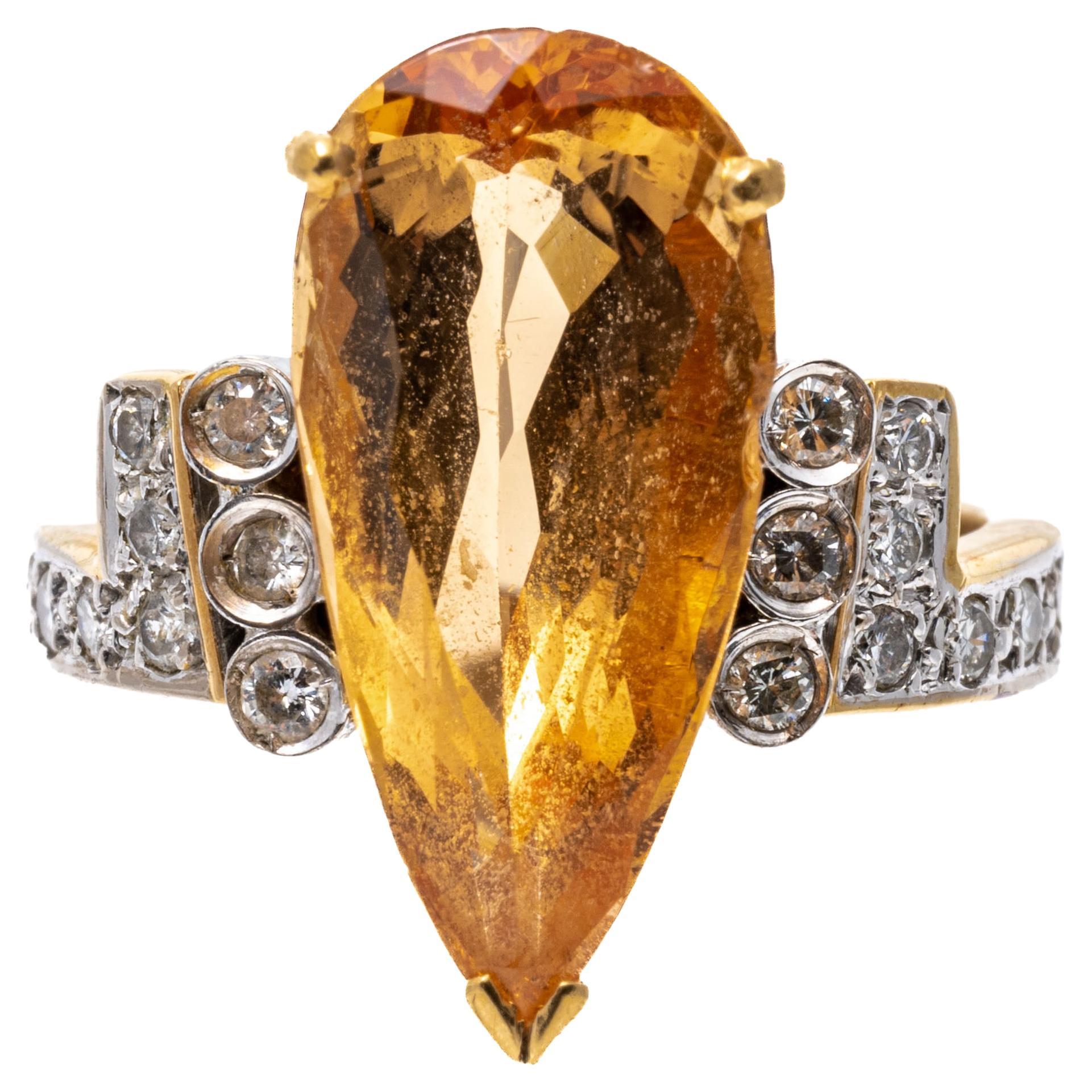18k Yellow Gold Pear Shaped Peach Topaz and Diamond Ring
