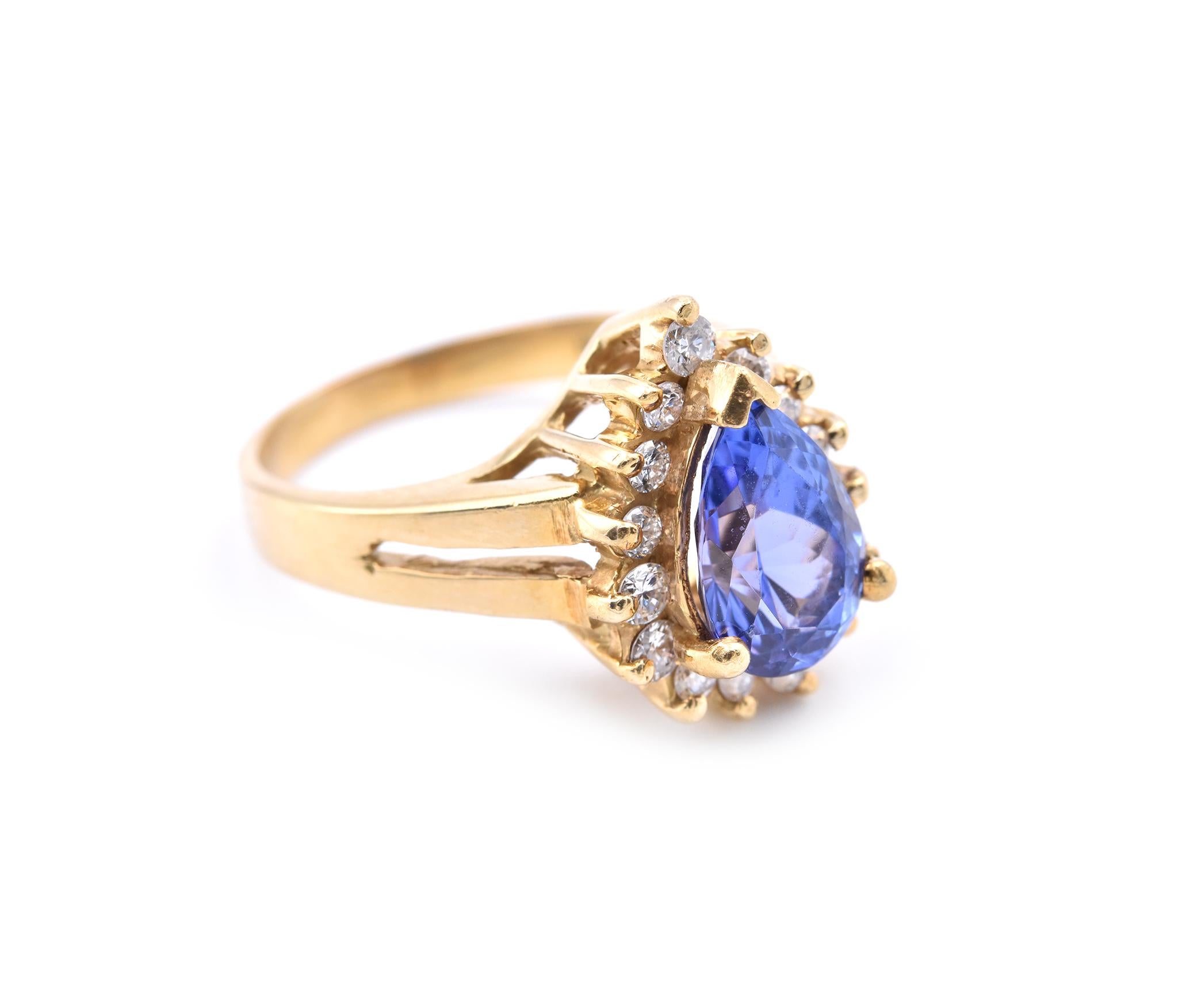 Material: 18k yellow gold
Gemstone: 1 pear cut tanzanite = 2.25ct
Diamonds: 15 round brilliant cuts = 0.45cttw
Color: H
Clarity: SI2
Ring Size: 6 (please allow two additional shipping days for sizing requests)
Dimensions: ring top measures 15mm x