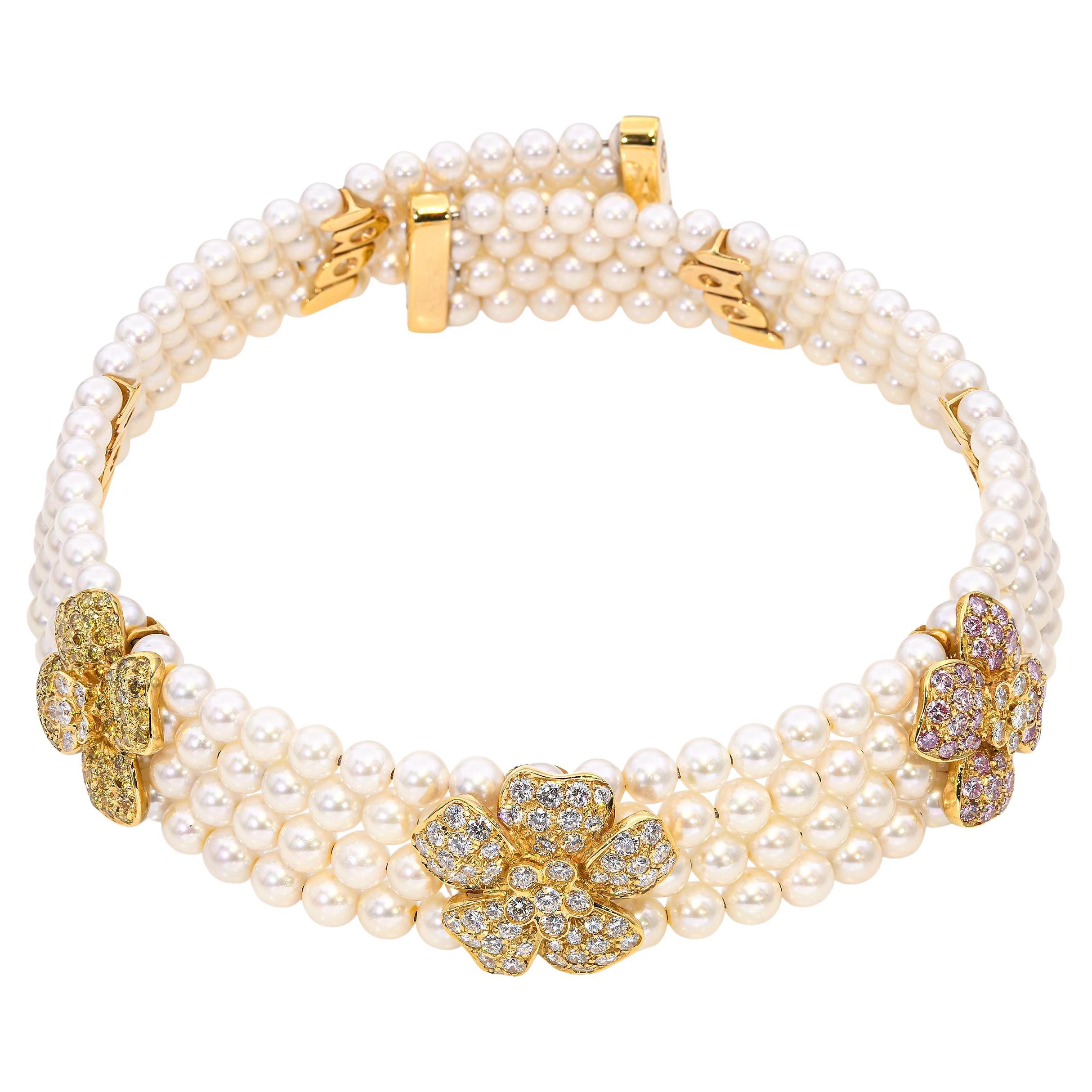 Collier ras du cou en or jaune 18k avec perles et diamants multicolores 8.1ctw