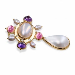 18k Yellow Gold Pearl, Amethyst, and Pink Tourmaline Brooch Pendant
