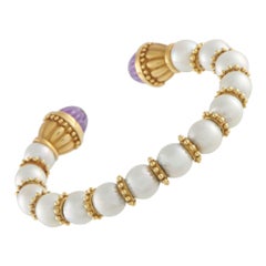 Bracelet manchette en or jaune 18K avec perles et améthystes MF01-070925