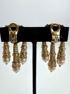 18K Gelbgold Perlen- und Diamant-Kronleuchter-Ohrringe/Clip Ons