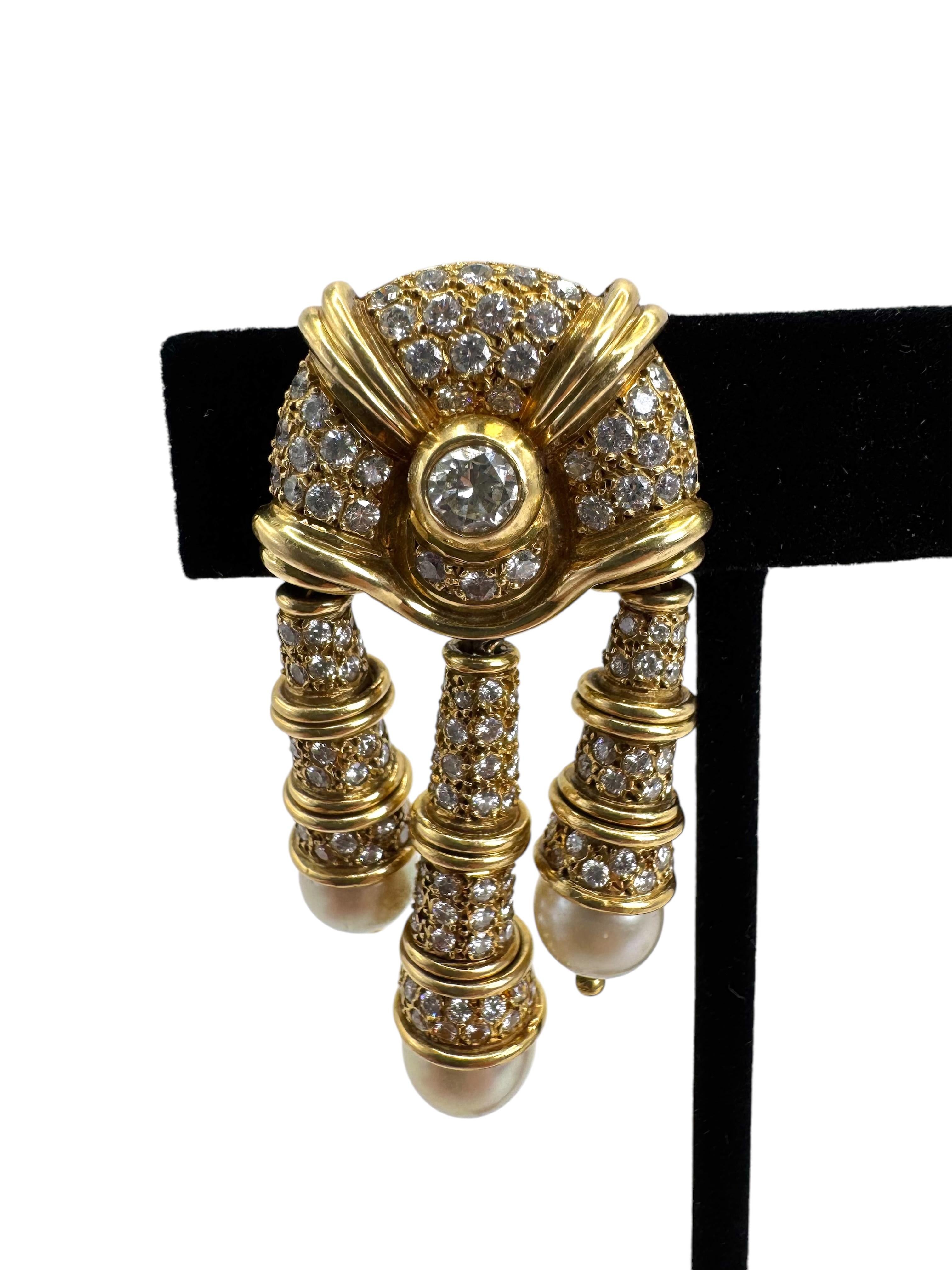 Donna Orecchini a lampadario con perle e diamanti in oro giallo 18K in vendita