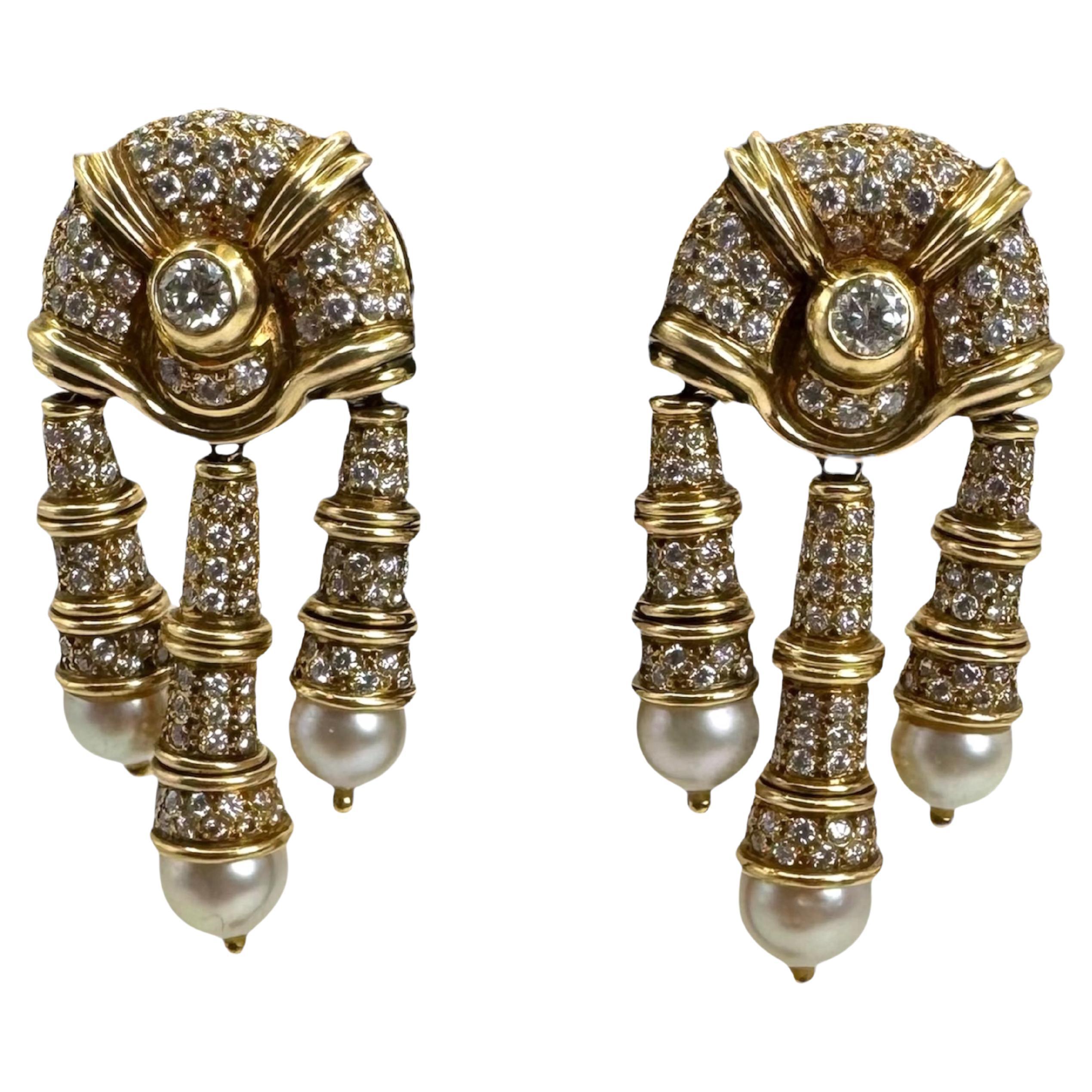 18K Yellow Gold Pearl and Diamond Chandelier Earrings/Clip Ons