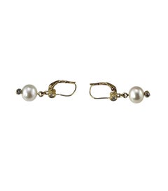 18K Gelbgold Perle und Diamant Tropfen Ohrringe #24994