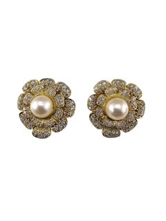 18K Yellow Gold Pearl and Diamond Flower Earrings Certified #24410