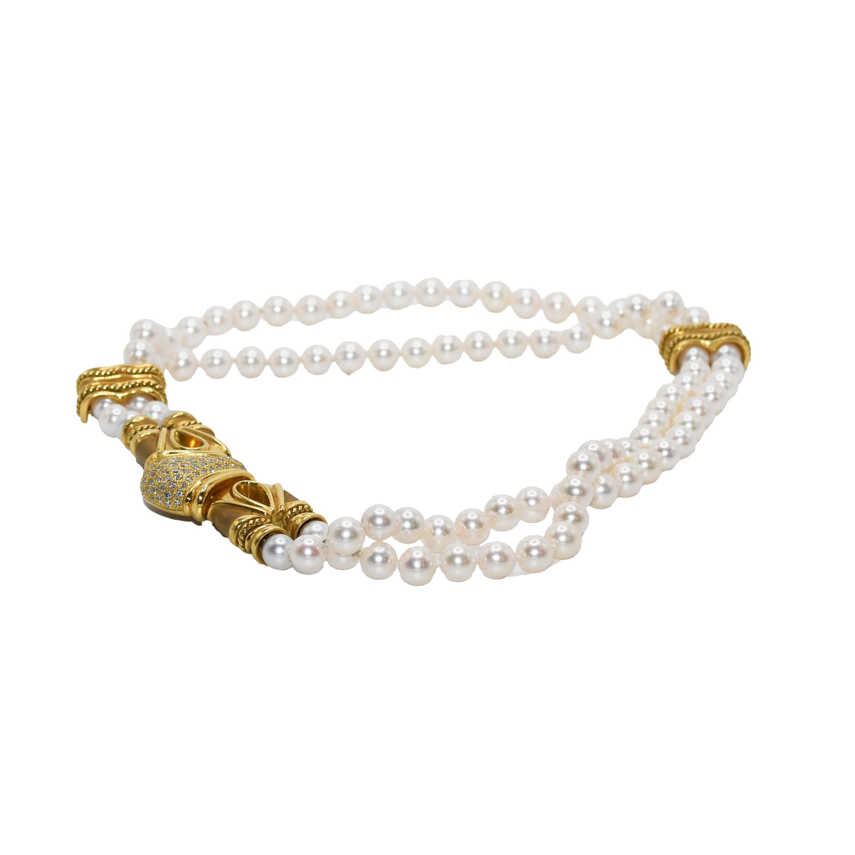 Brilliant Cut 18K Yellow Gold Pearl and Diamond Necklace For Sale