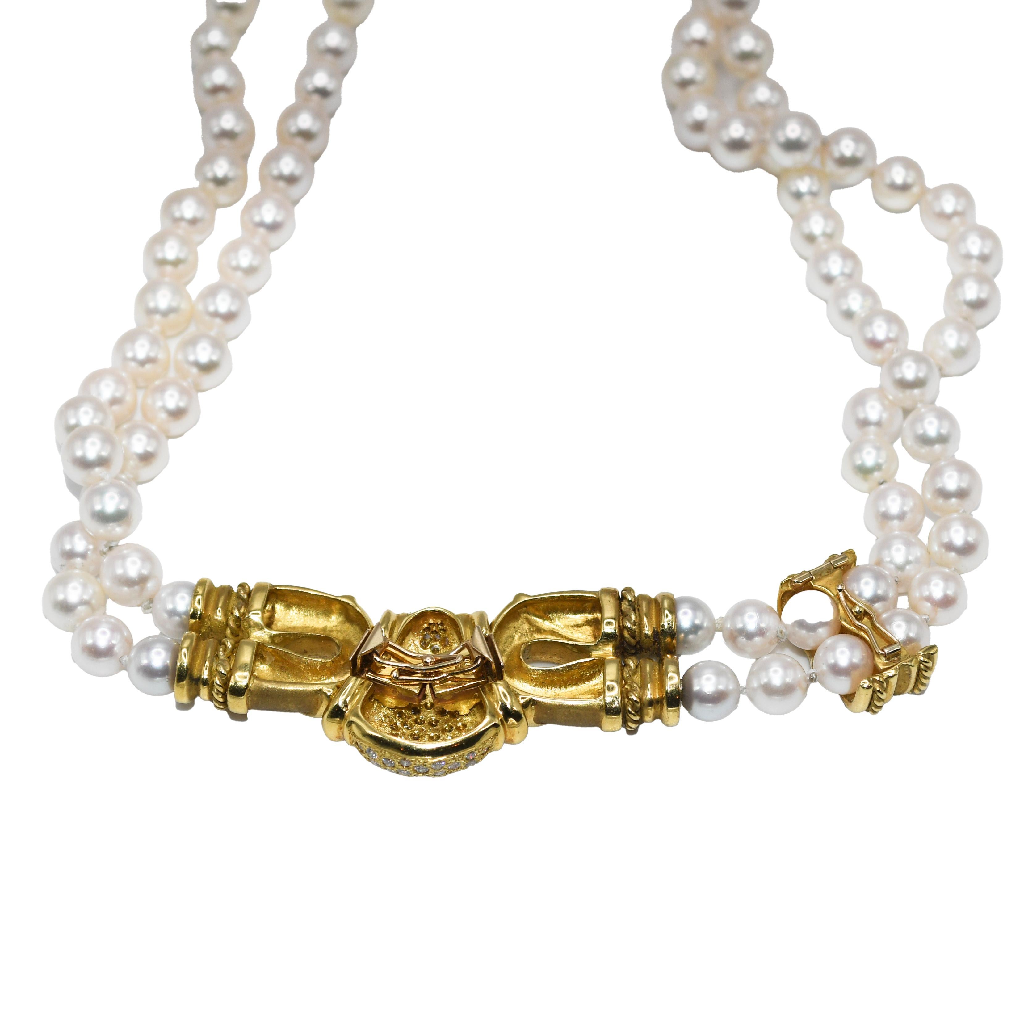 Women's or Men's 18K Yellow Gold Pearl and Diamond Necklace For Sale