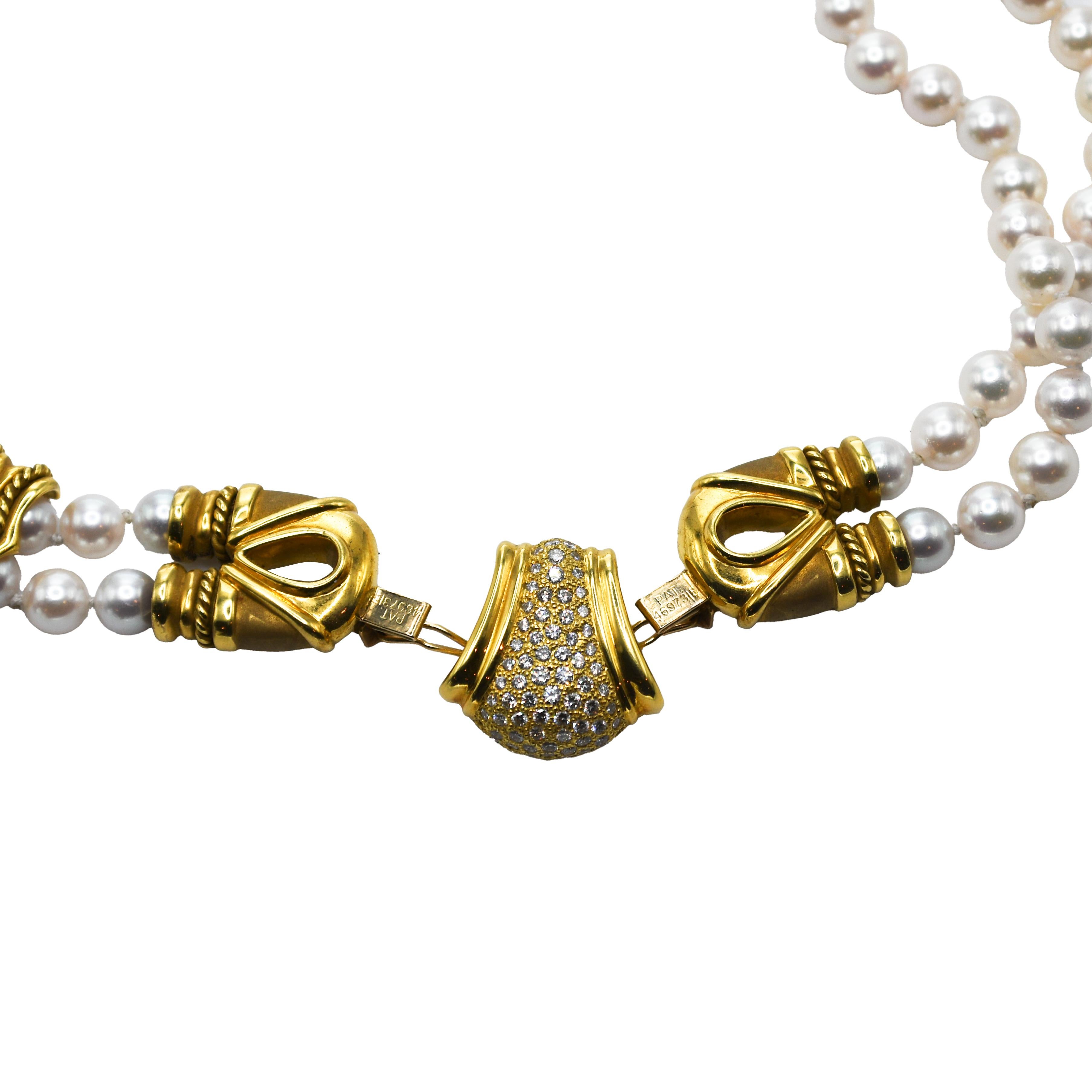 18K Yellow Gold Pearl and Diamond Necklace For Sale 2