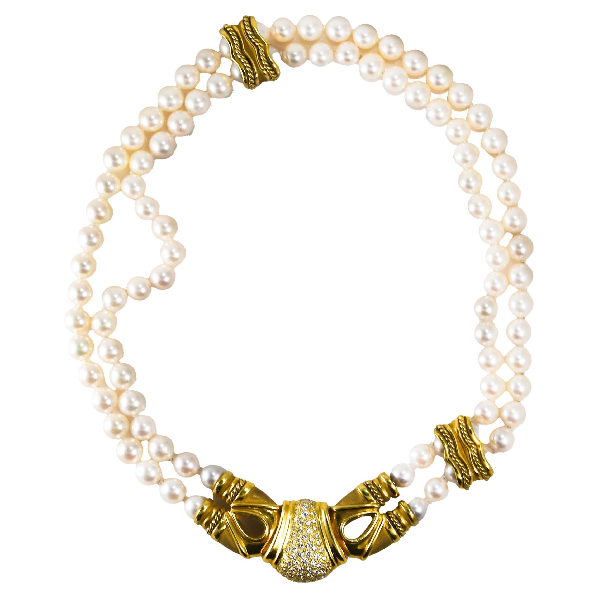 Halskette aus 18 Karat Gelbgold mit Perlen und Diamanten