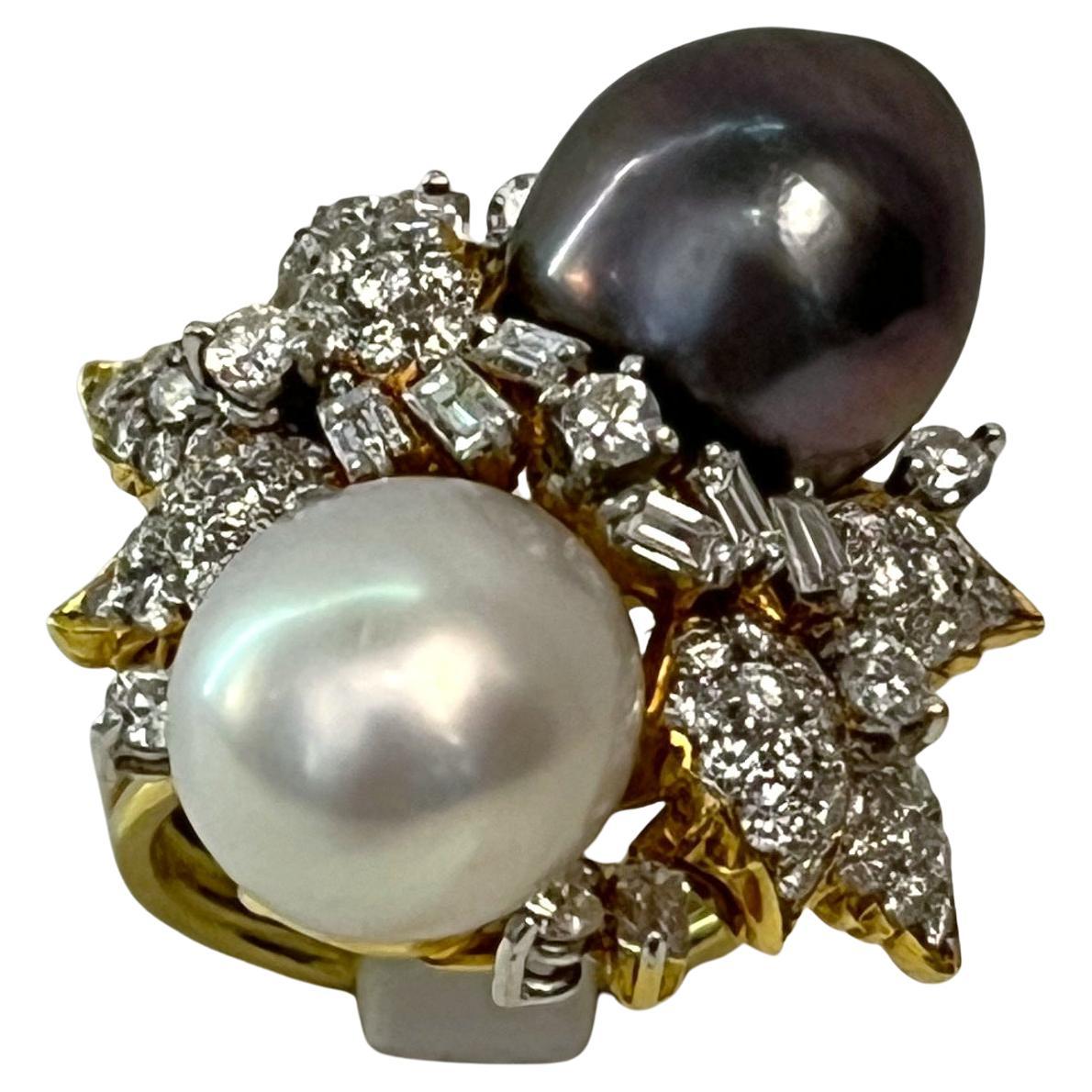 18K Yellow Gold Pearl and Diamond Ring, 1970s Italy