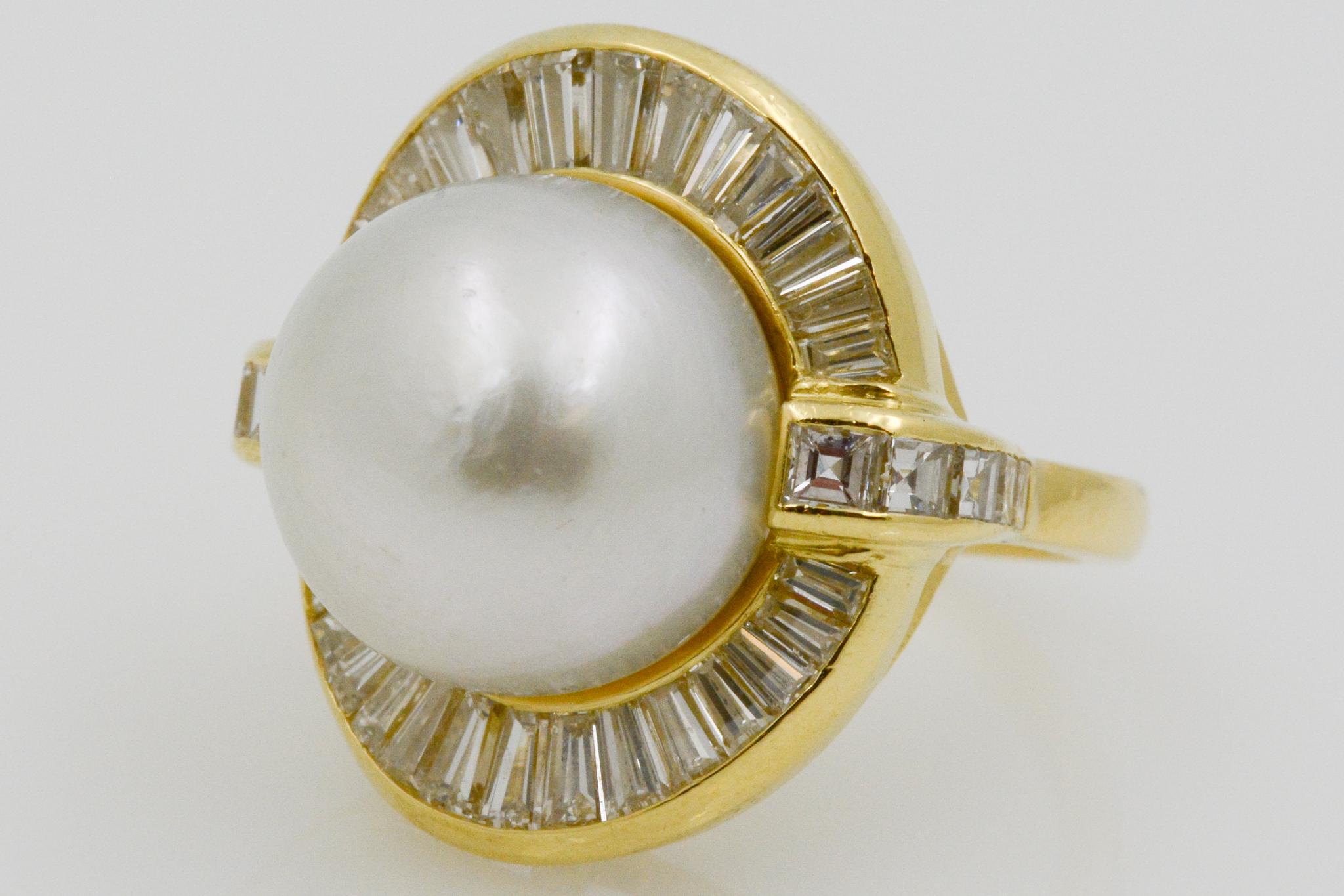 Baguette Cut 18 Karat Yellow Gold Pearl and Diamond Ring