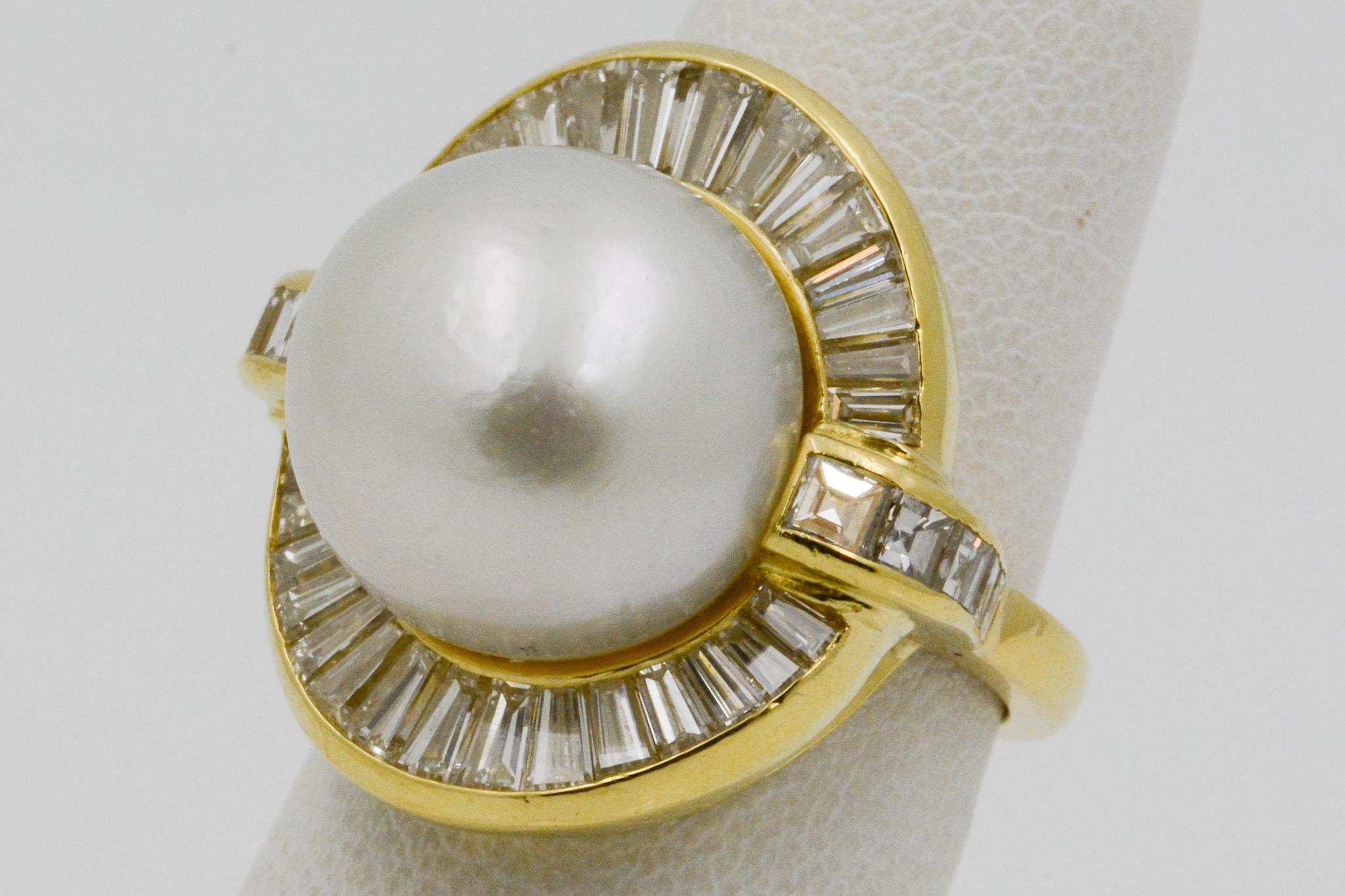 Women's 18 Karat Yellow Gold Pearl and Diamond Ring