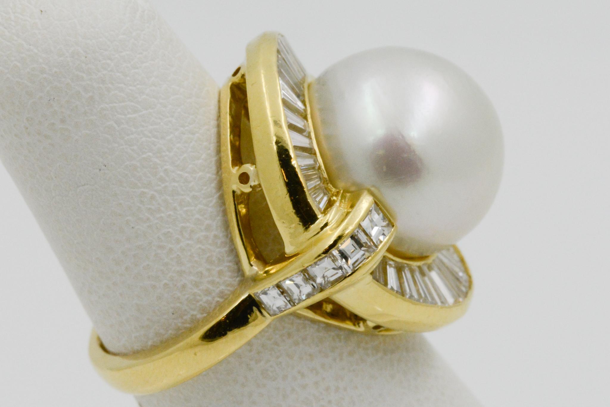 18 Karat Yellow Gold Pearl and Diamond Ring 2