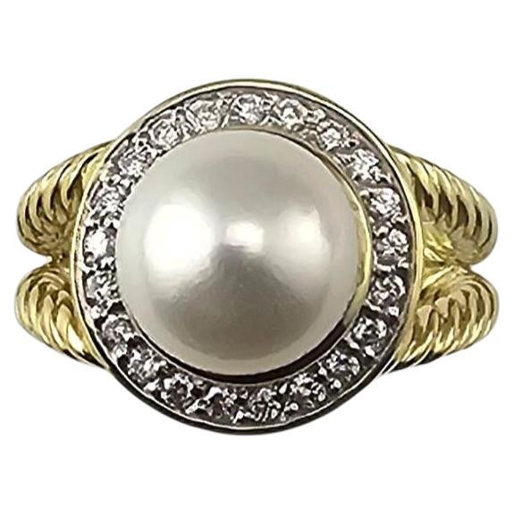 Bague en or jaune 18K avec perles et diamants Taille 4.75-5 #23948