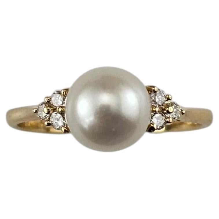 18K Gelbgold Perle und Diamant Ring Größe 6,25 #24400