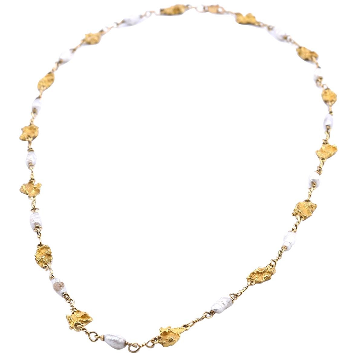18 Karat Yellow Gold Pearl and Gold Nugget Station Necklace