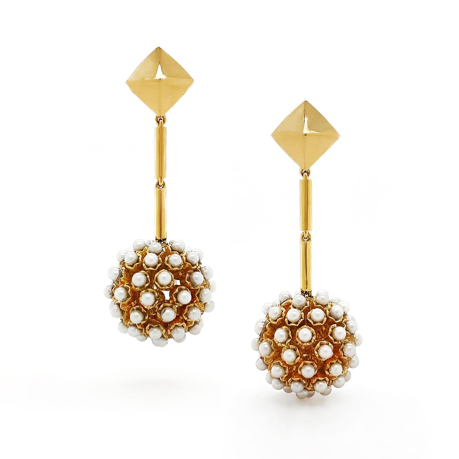 Uncut 18K Yellow Gold Pearl and Pyramid Disco Ball Earrings For Sale