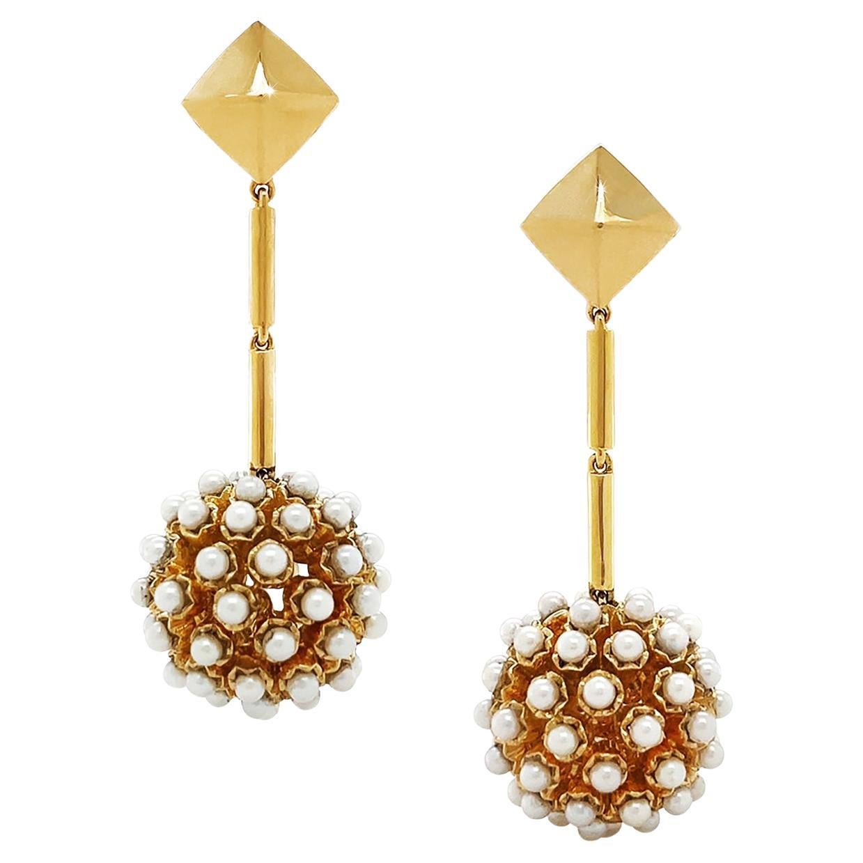 18K Yellow Gold Pearl and Pyramid Disco Ball Earrings