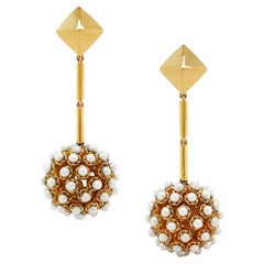 Boucles d'oreilles disco en or jaune 18 carats, perles et pyramides