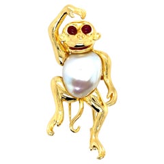 18k Yellow Gold Pearl and Ruby Monkey Pin