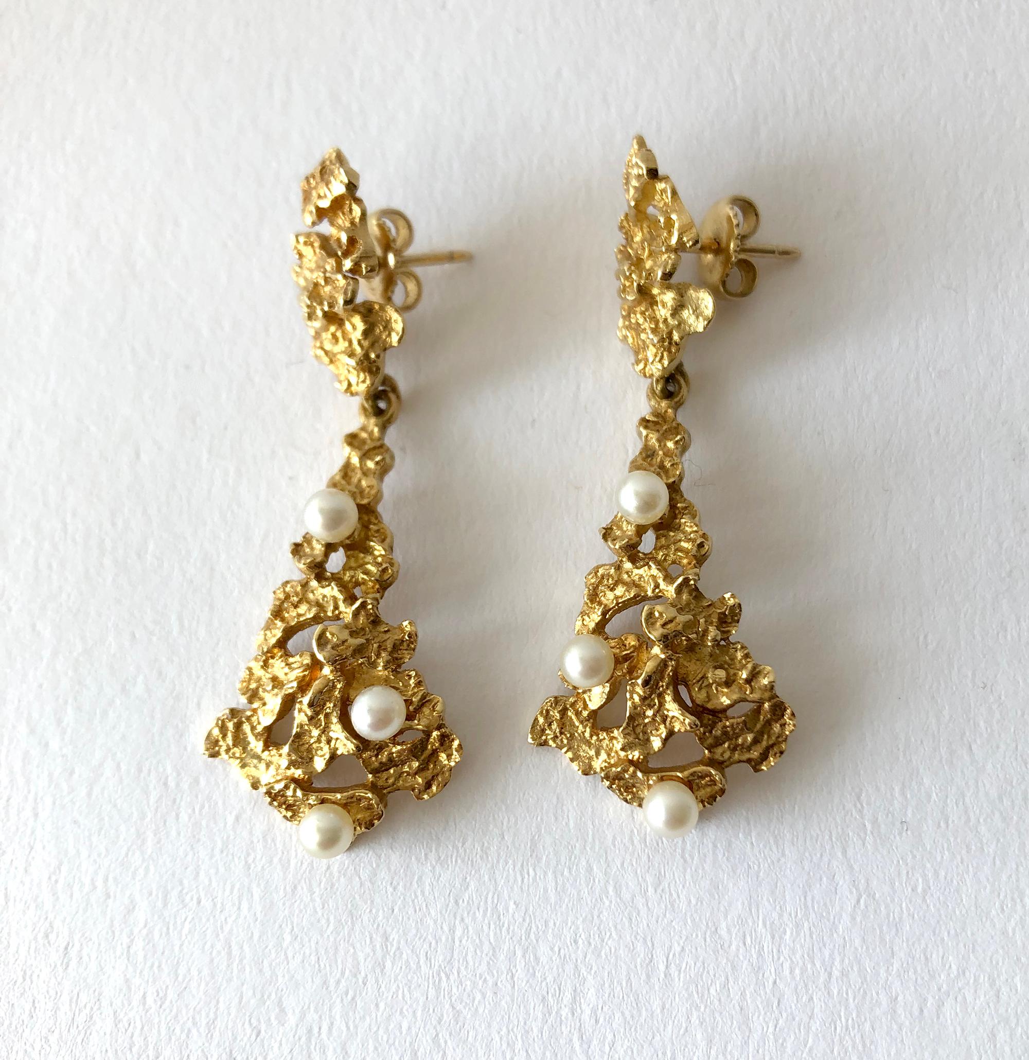 1960s heavily textured 18K gold hinged earrings embellished with pearls.  Earrings 2