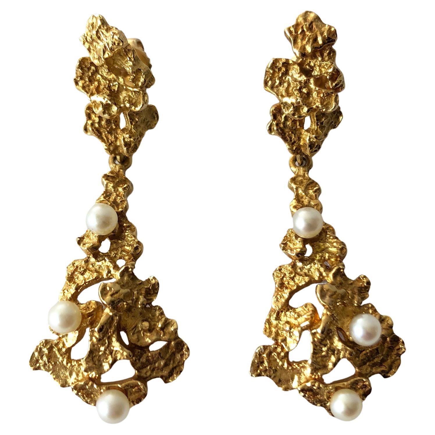 18K Yellow Gold Pearl Dangling Brutalist Pierced Earrings