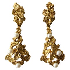 18K Yellow Gold Pearl Dangling Brutalist Pierced Earrings