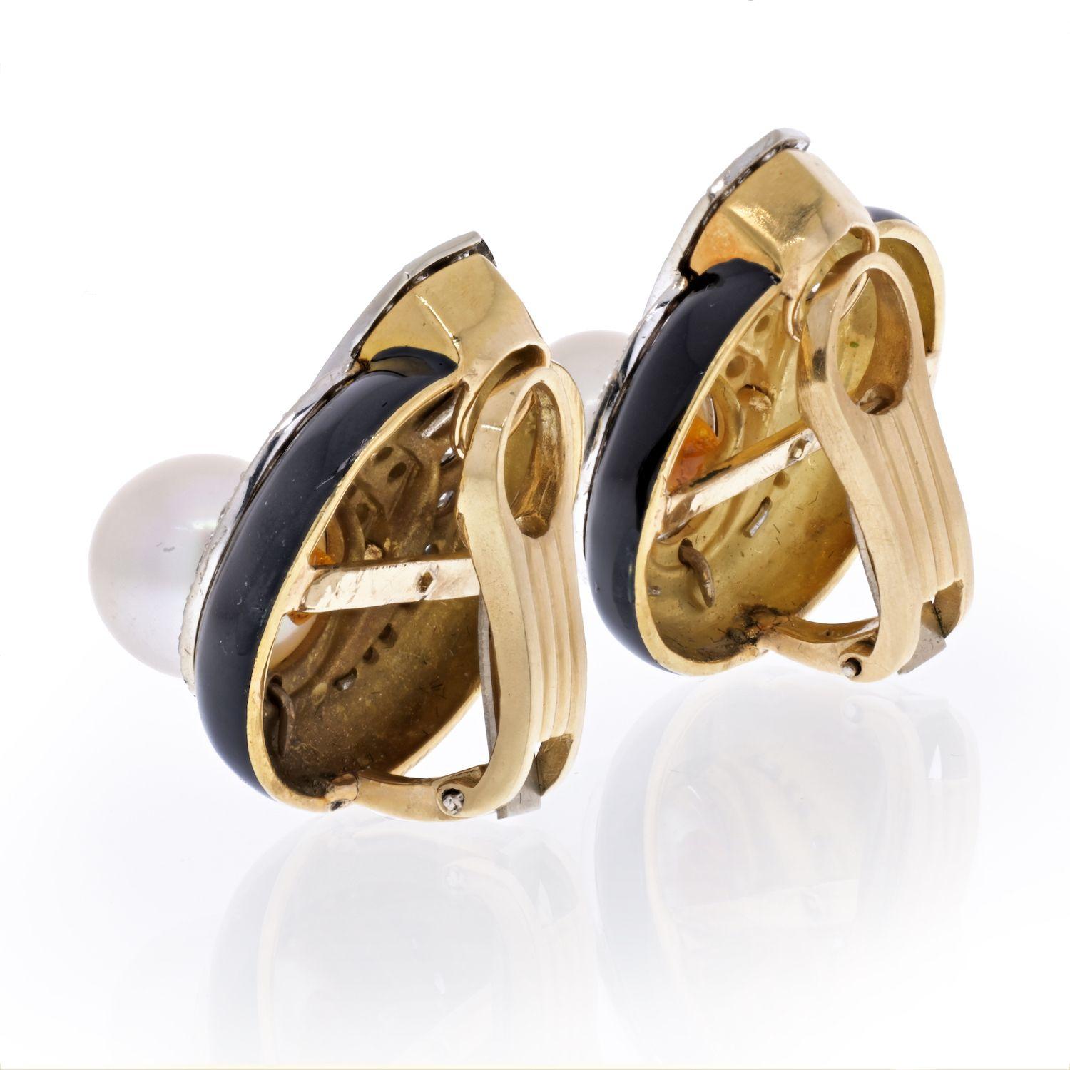 Modern 18K Yellow Gold Pearl, Diamond and Black Enamel Clip Earrings