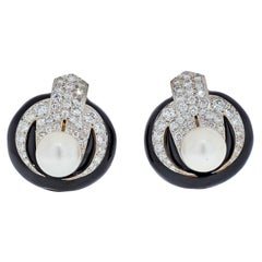 Vintage 18K Yellow Gold Pearl, Diamond and Black Enamel Clip Earrings