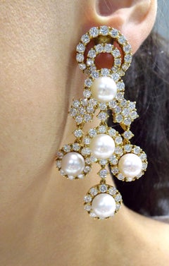 18K Yellow Gold Pearl Diamond Chandelier Earrings