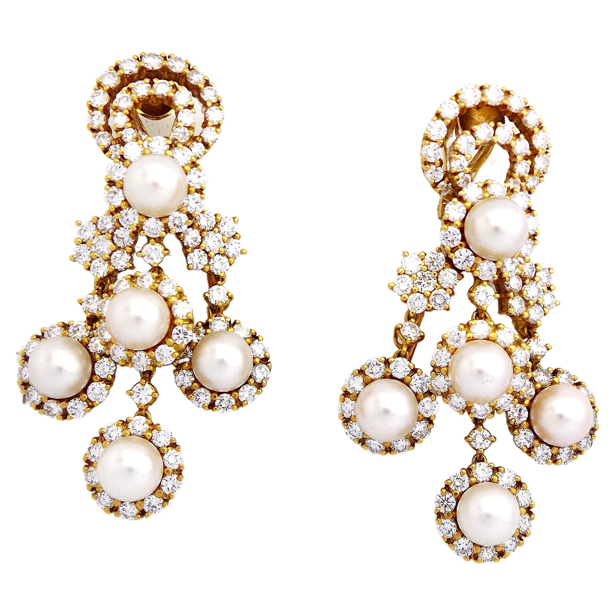 18K Yellow Gold Pearl Diamond Chandelier Earrings For Sale