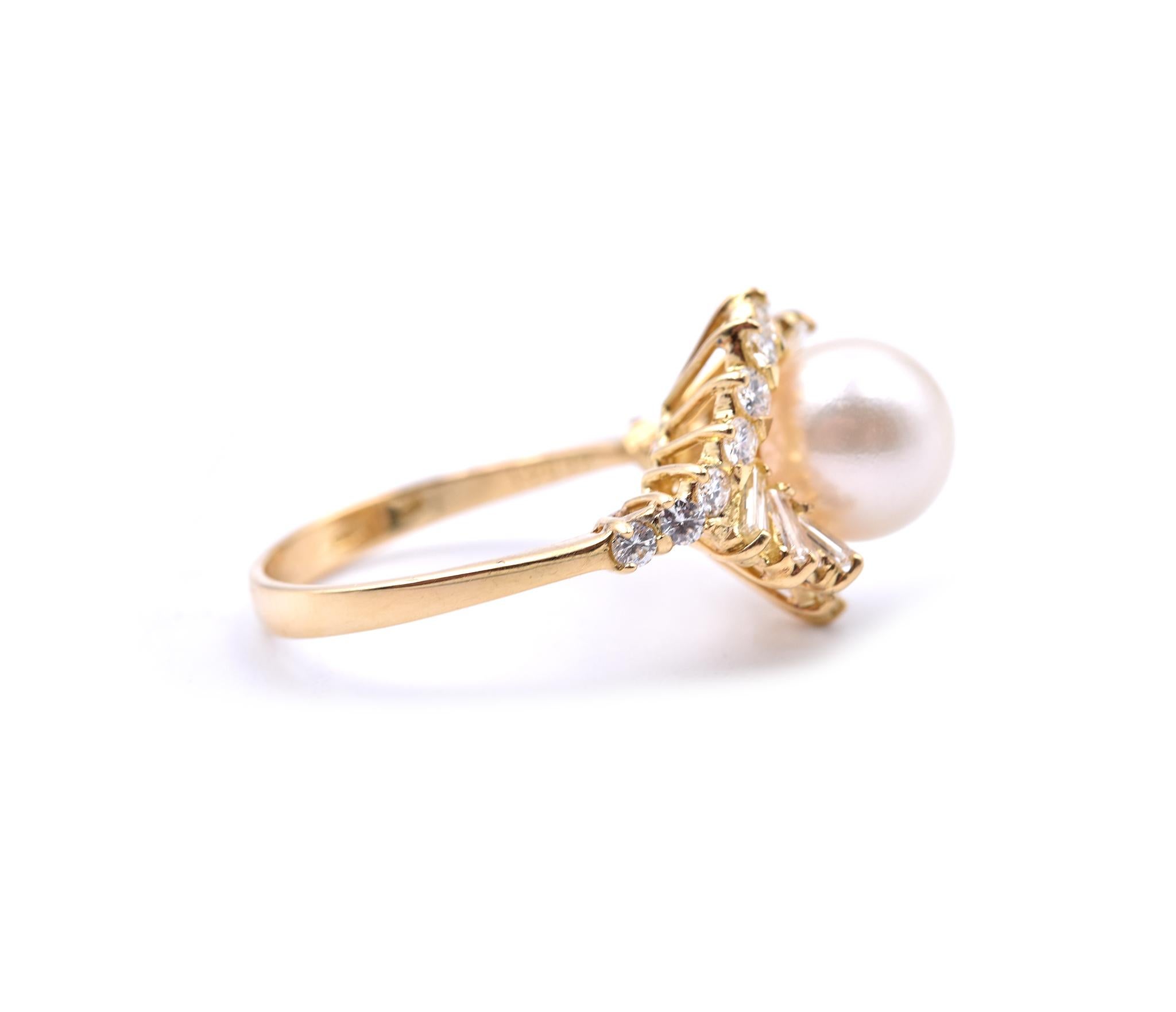 Designer: custom design
Material: 18k yellow gold
Pearl: 8.5mm round cultured pearl
Diamonds: 21 round brilliant and baguette cuts = 0.90cttw
Color: G
Clarity: VS
Ring Size: 7 1/4 (please allow two additional shipping days for sizing