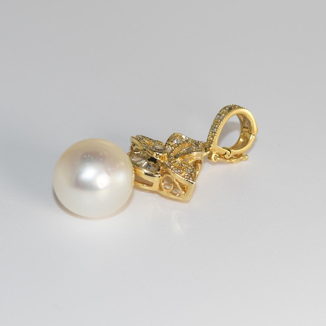 Pear Cut 18K Yellow Gold Pearl & Diamond Pendant For Sale
