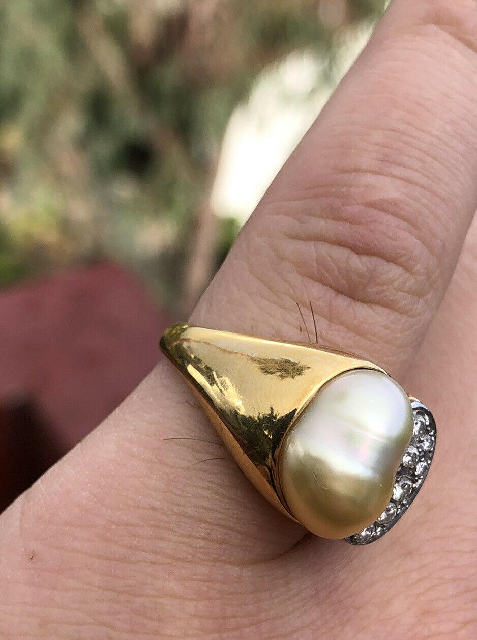 18 Karat Yellow Gold Pearl and Diamond Ring 0.17 Carat 9.7g 2